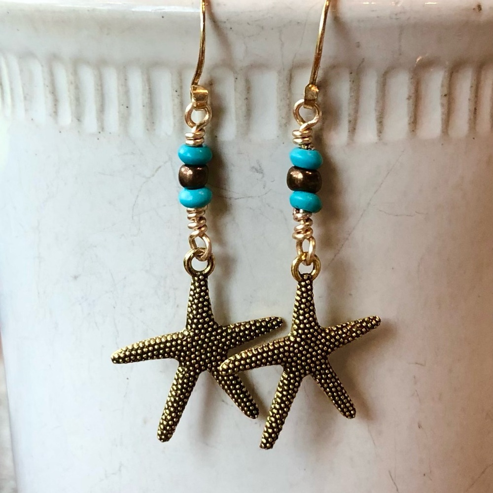 Brass Star Fish Earrings, Hand Crafted